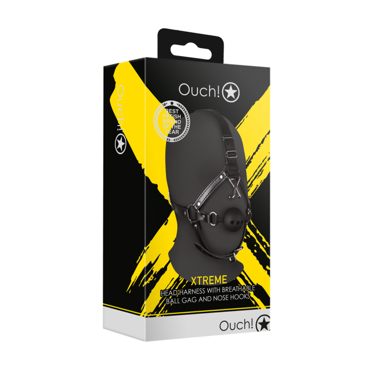 Head Harness with Breathable Ball Gag and Nose Hooks - Black