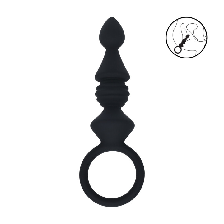 Ribbed Silicone Anal Probe with Loop - Black