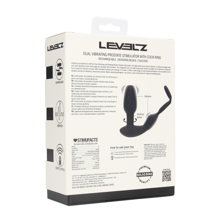 Dual Vibrating Remote Rotating Beads Silicone Prostate Stimulator with Cock and Ball Ring - Black